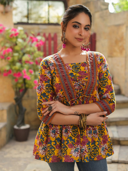 Women Mustard Floral Printed Pure Cotton Empire Tops