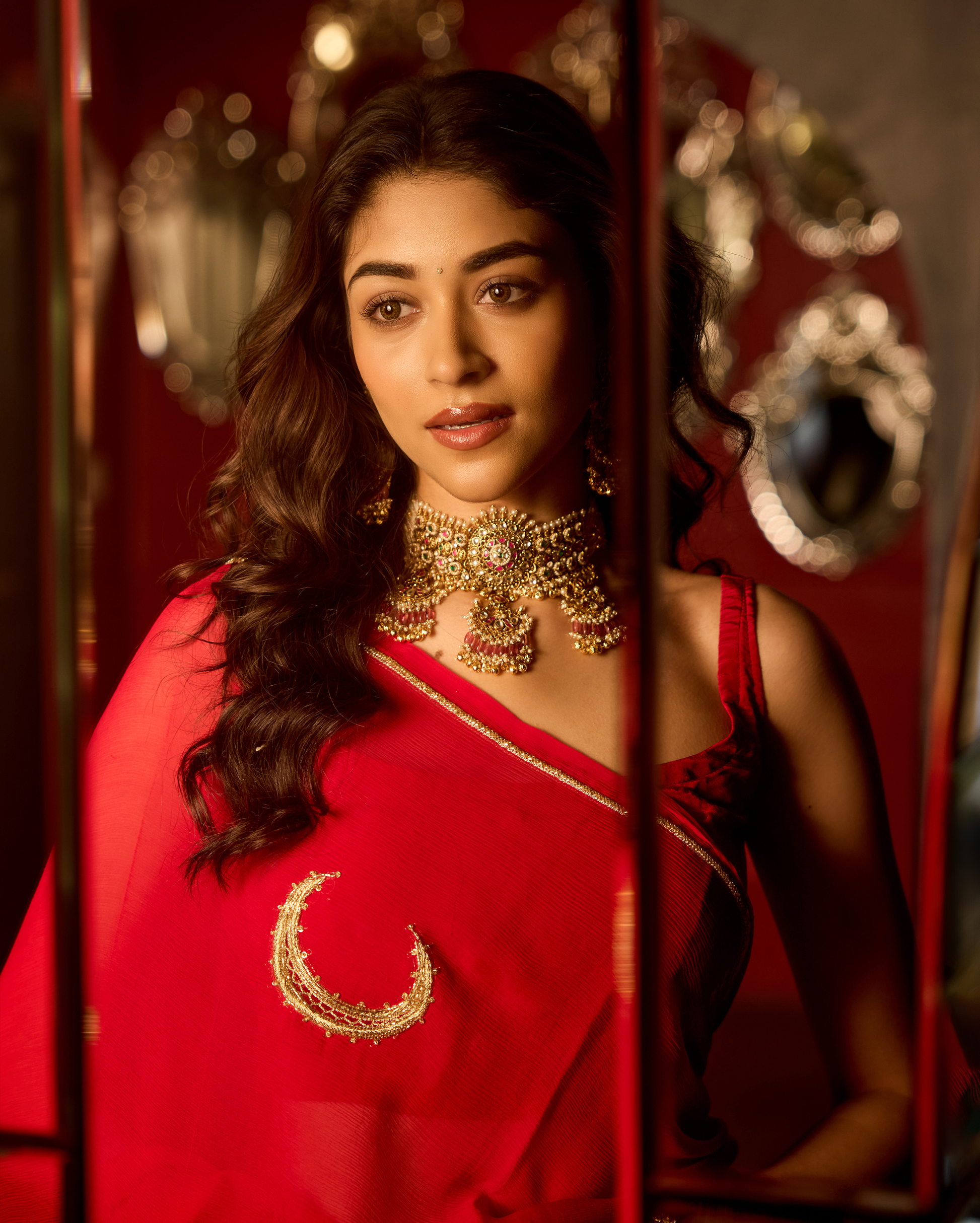 Utsaha Red Handcrafted Chiffon Saree