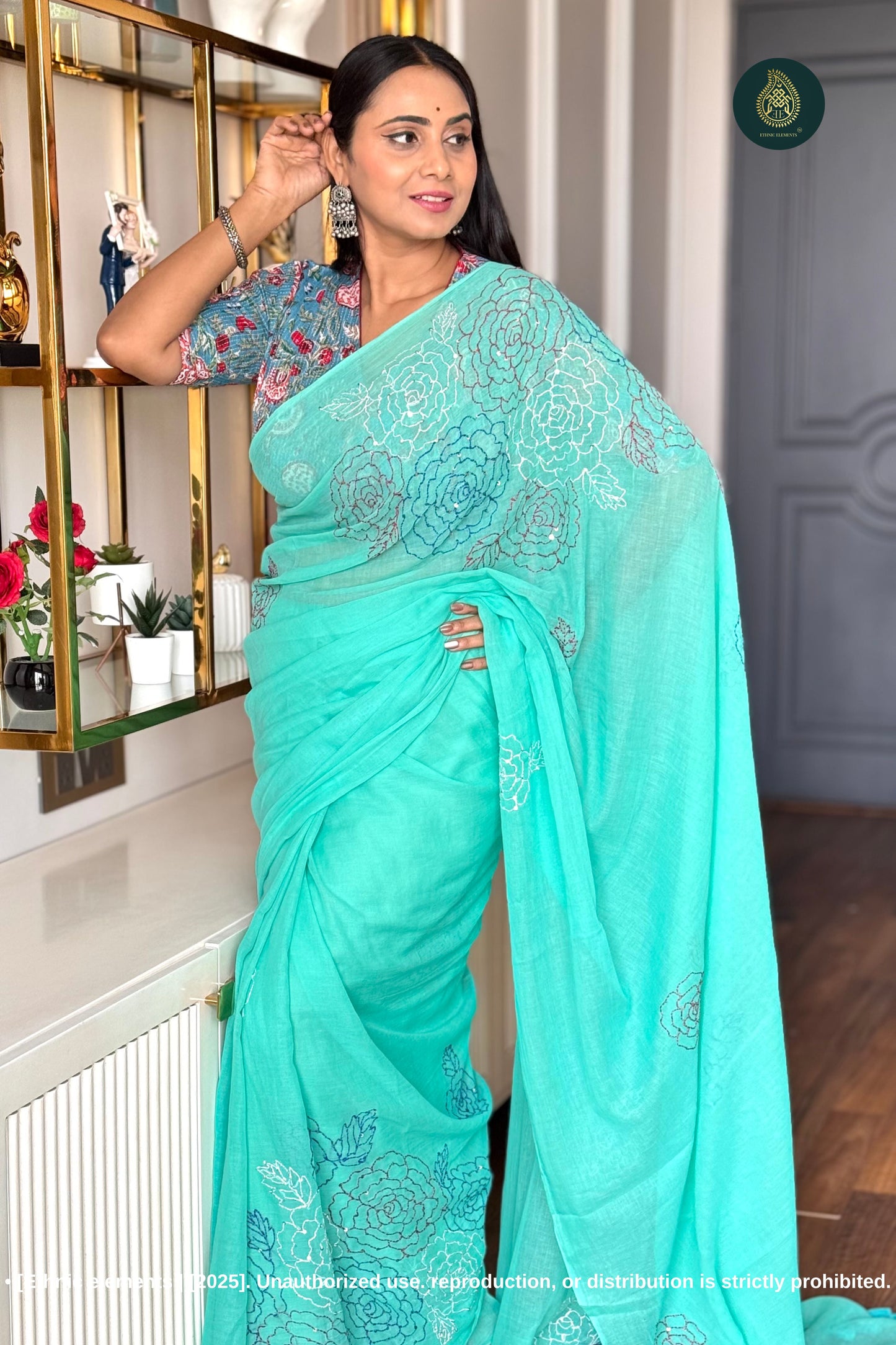 Rose Kantha Embroidered Mul Cotton Saree - Green