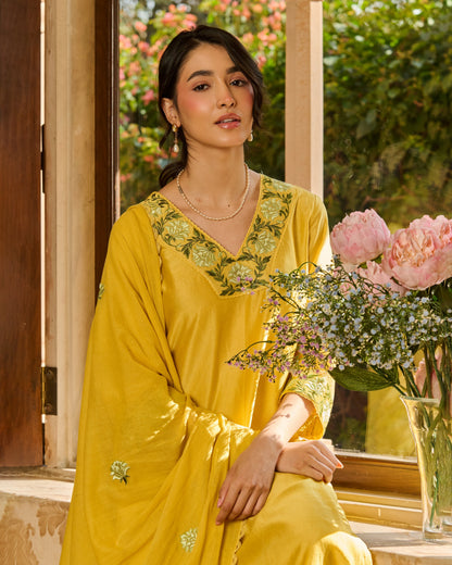 Limo Yellow Embroidered Chanderi Suit Set