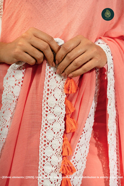 Blush Sunset: Peach Mul Cotton Saree With Crochet Border