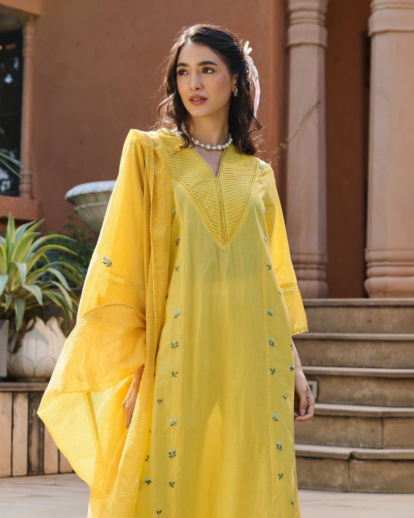 Serein Yellow Embroidered Cotton Suit Set