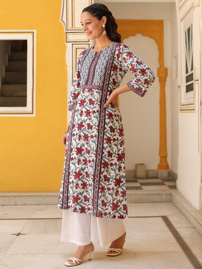 Women Floral Printed Mirror Work Kurta