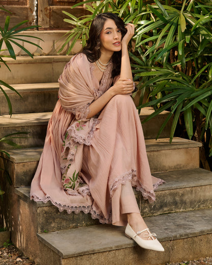 Fizz Beige Embroidered Cotton Crush Suit Set