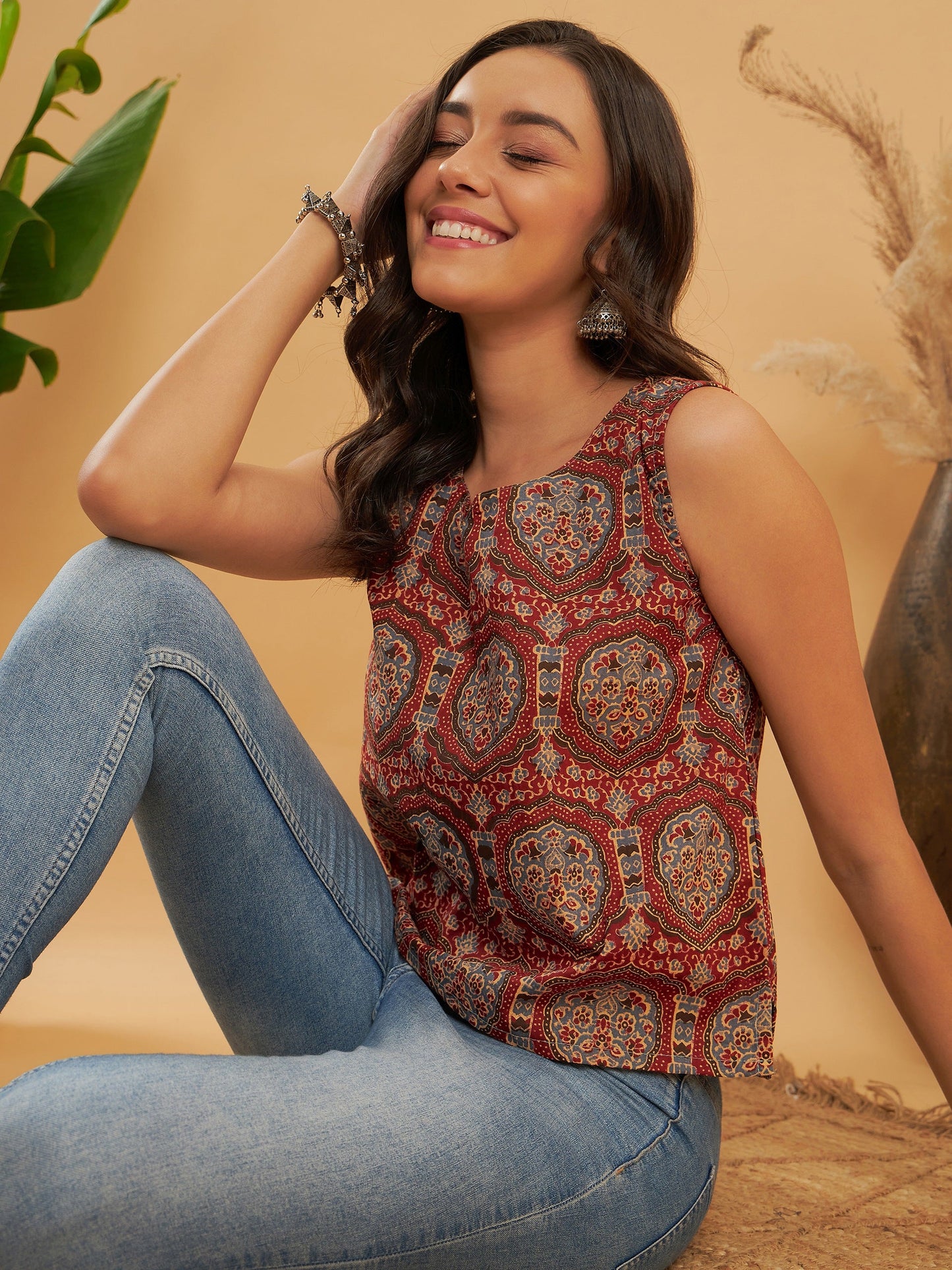 Maroon Mughal Kalamkari Sleeveless Top