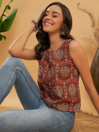 Maroon Mughal Kalamkari Sleeveless Top