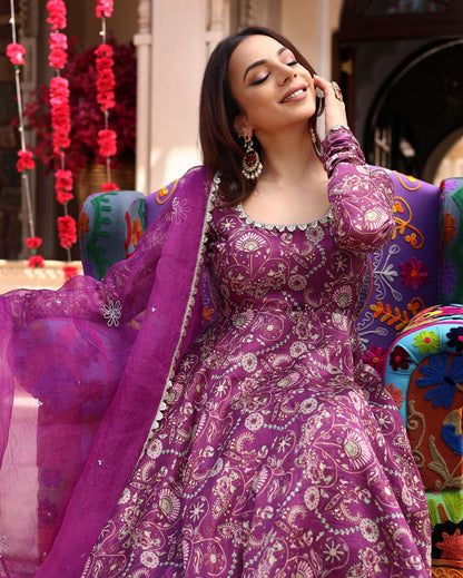 Floral Lavender Hues Printed Chanderi Suit Set
