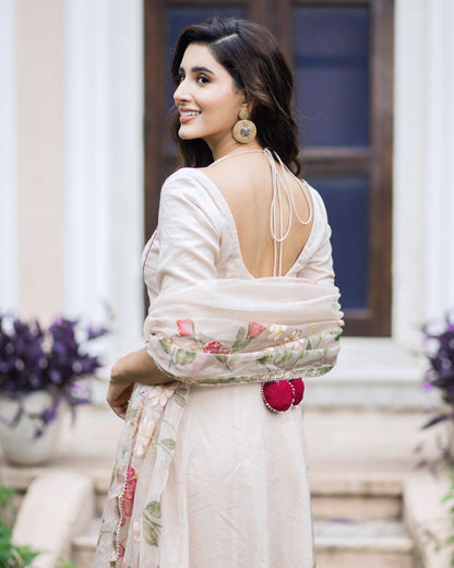 Kamini Beige Handpainted Chanderi Suit Set