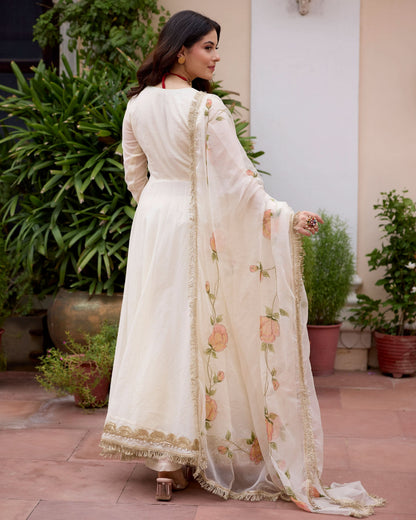 Gulnaar Off White Handpainted Chanderi Suit Set