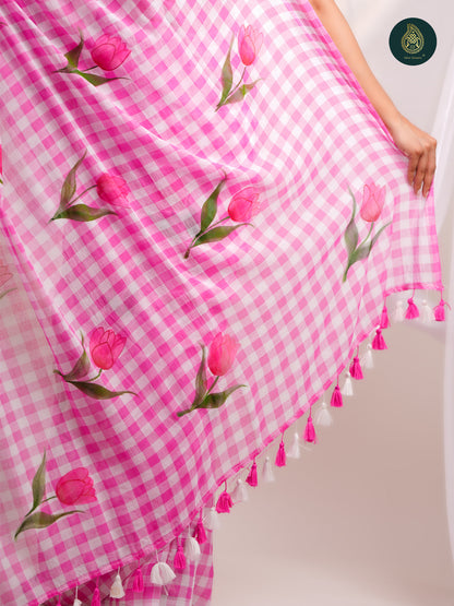 Rose Pink Gingham Checks Mul Cotton Saree - Hand painted