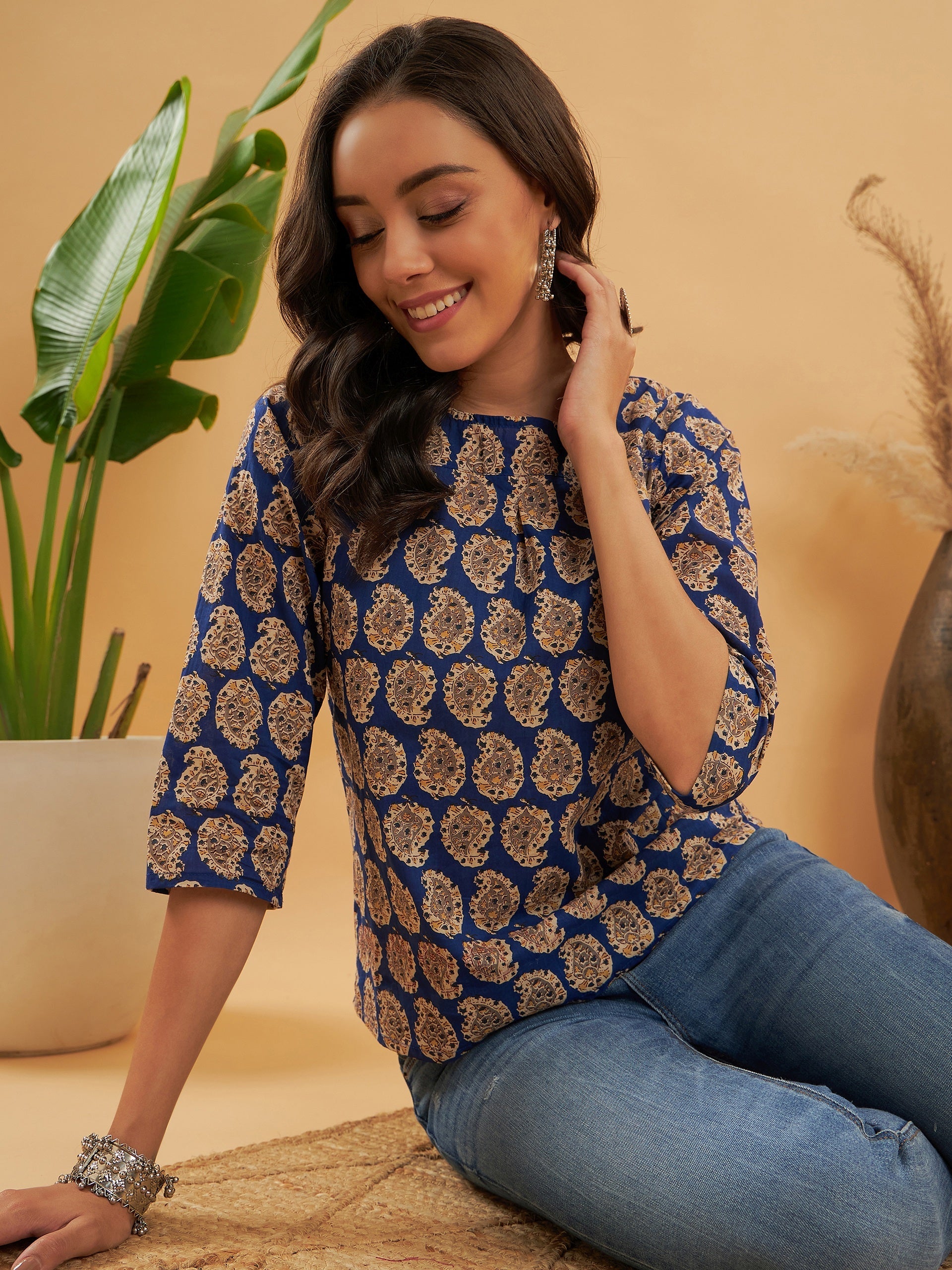 Ink Blue Small Paisley Kalamkari Top