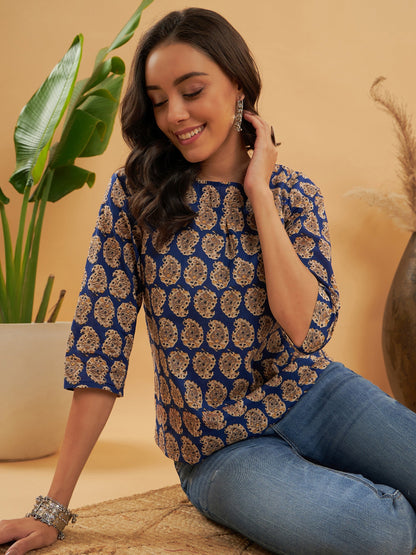Ink Blue Small Paisley Kalamkari Top