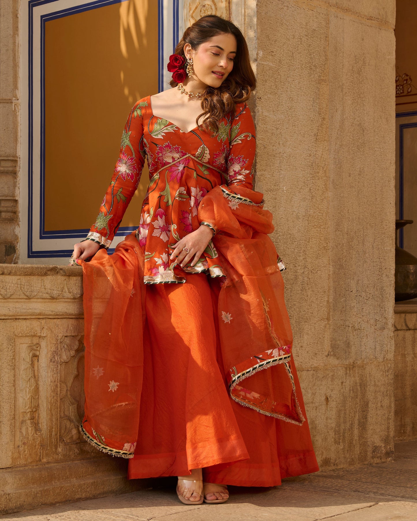 Mehar Orange Printed Chanderi Suit Set