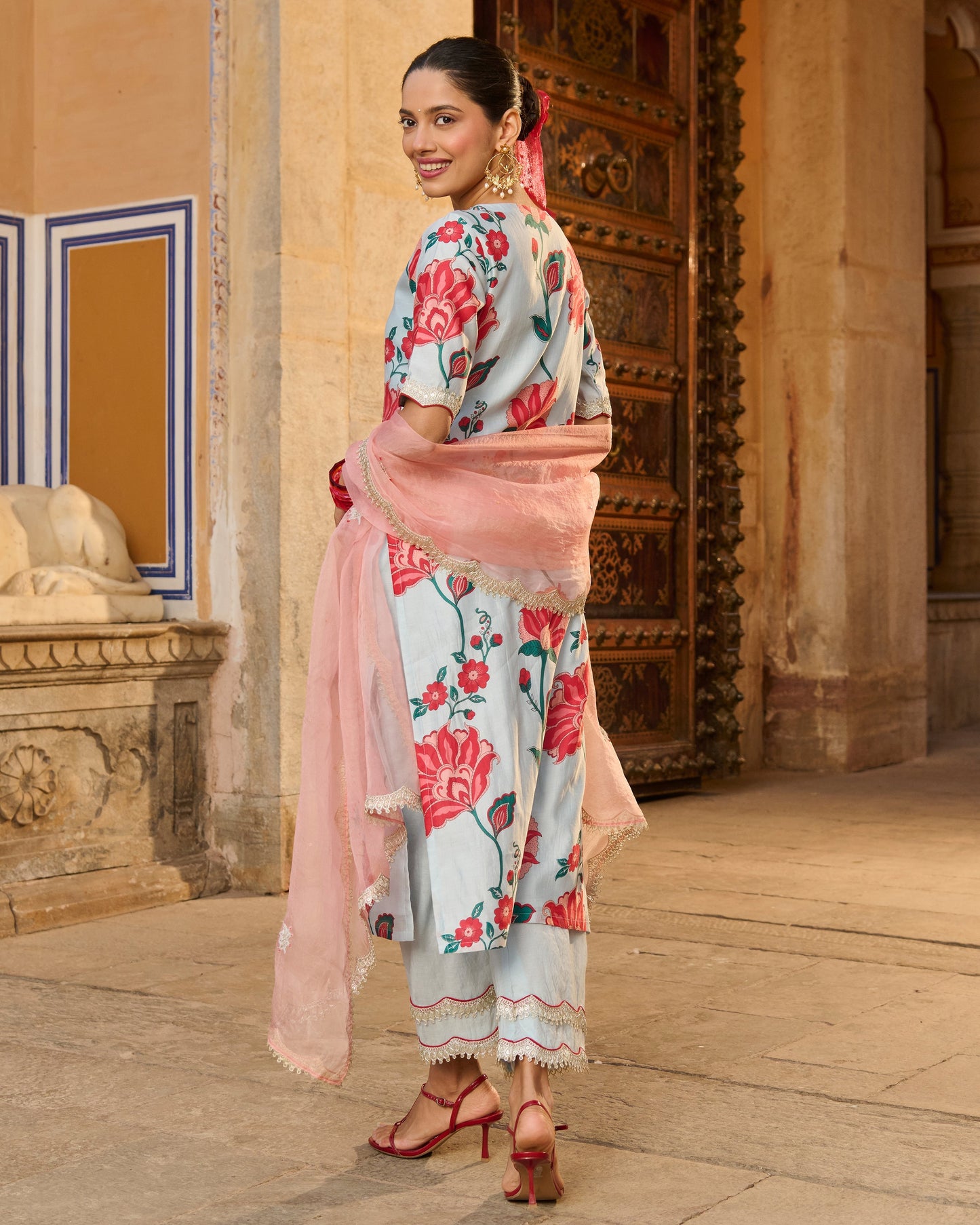 Saumya Light Blue Printed Chanderi Suit Set