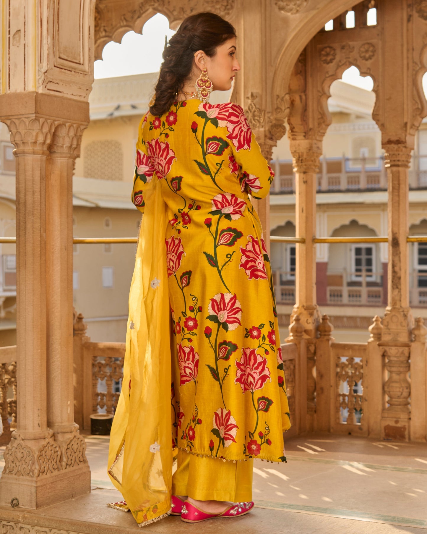 Sana Mustard Printed Chanderi Suit Set
