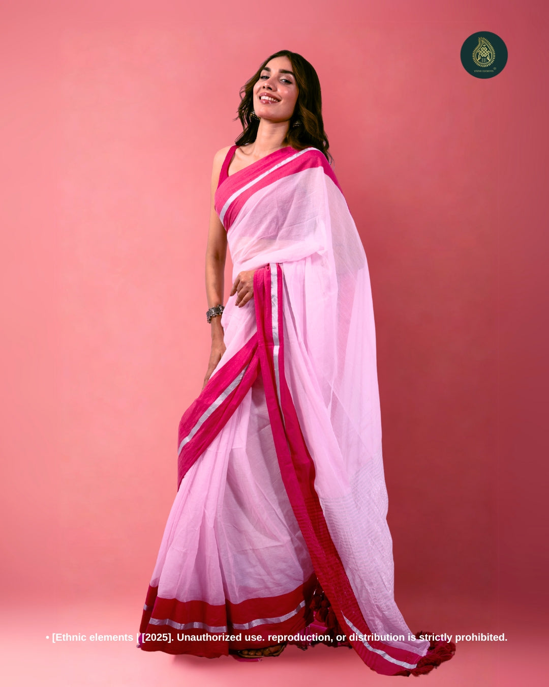 Mul Cotton Saree with Contrast Border Zari Aura - Blush Pink Mist