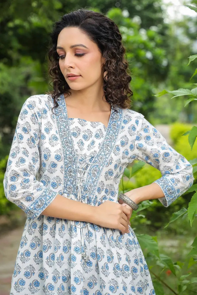 Women Cream And Blue Floral Cotton A-Line Top