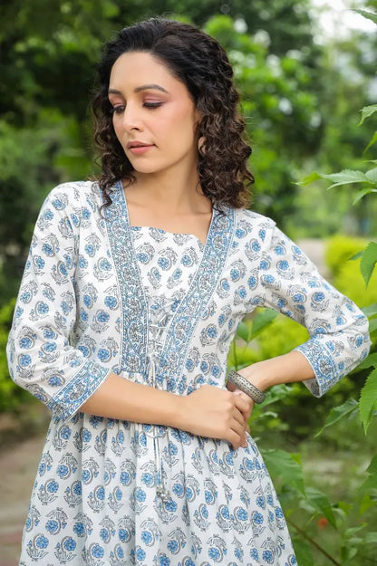 Women Cream And Blue Floral Cotton A-Line Top