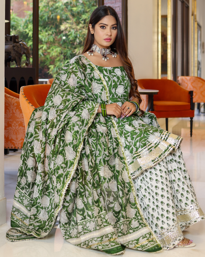 Green Butterfly Handblock Sharara Set