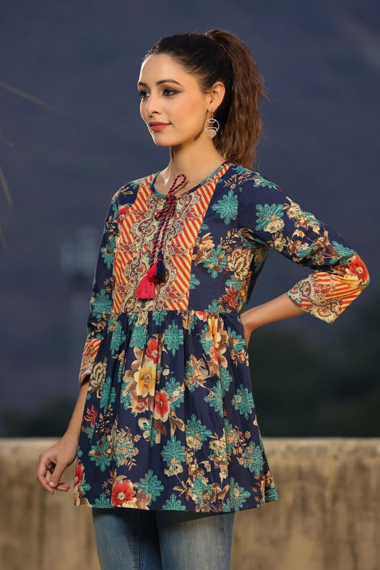 Blue Floral Printed Cotton A-Line Peplum Top