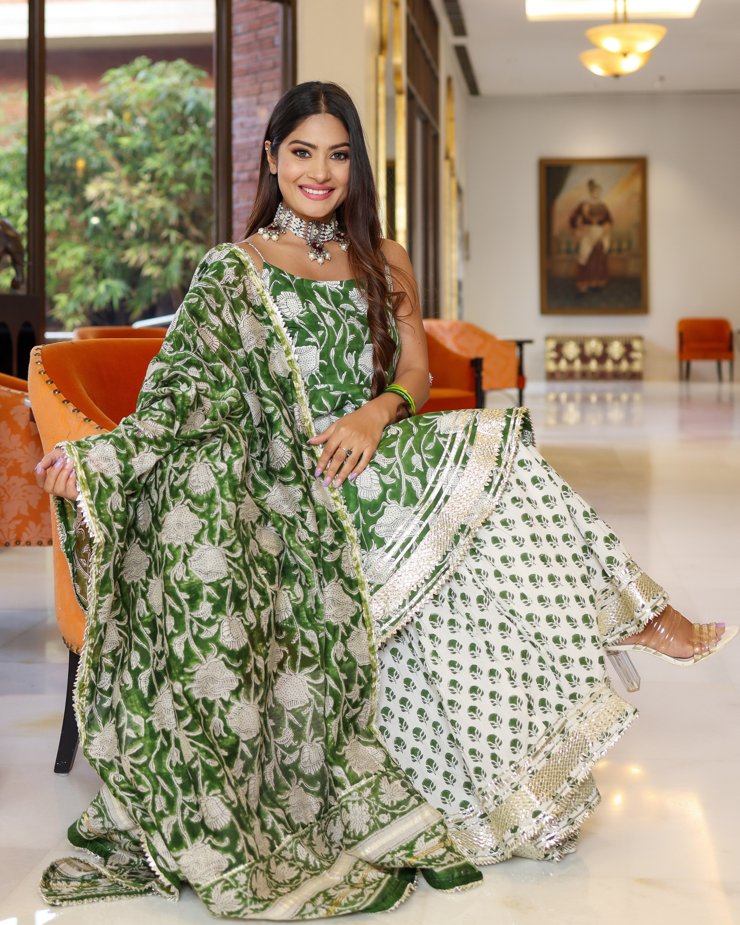 Green Butterfly Handblock Sharara Set