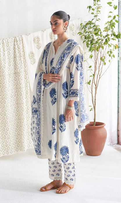 Pure Cotton Summer Special Kalamkari Work Kurta Pant Dupatta Set