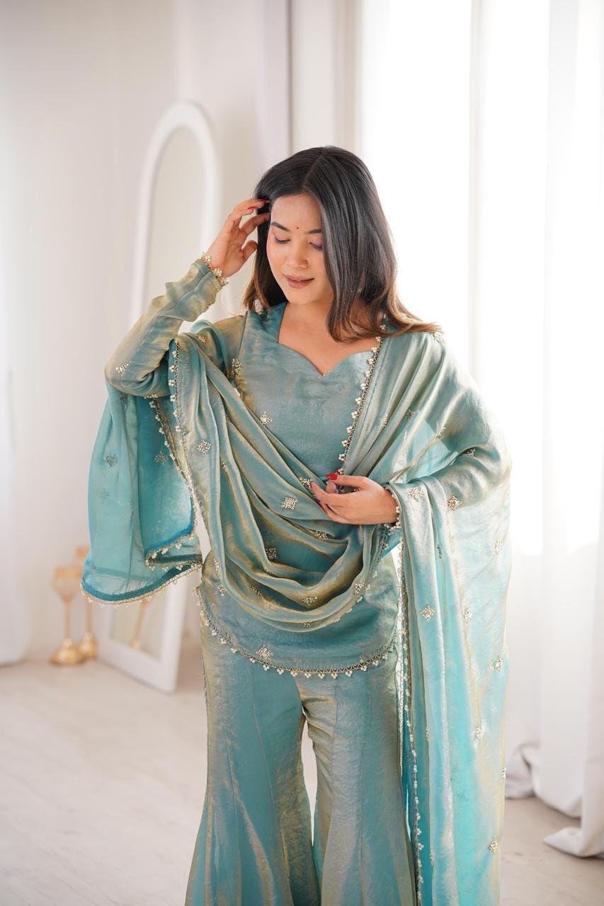 Fendy Silk Embroidery Work Kurti Sharara Dupatta Set
