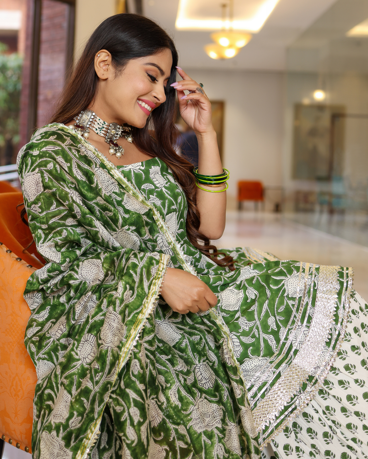 Green Butterfly Handblock Sharara Set