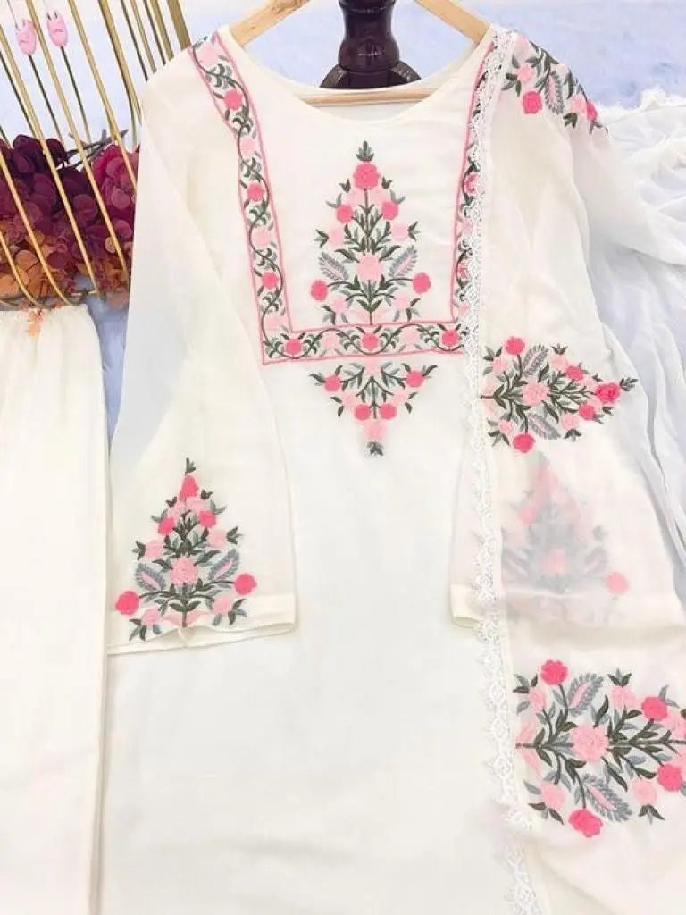 Georgette Embroidery work Kurti Pant Dupatta Set - Premium  from Ethenika.com - Just INR 2190! Shop now at Ethenika.com 