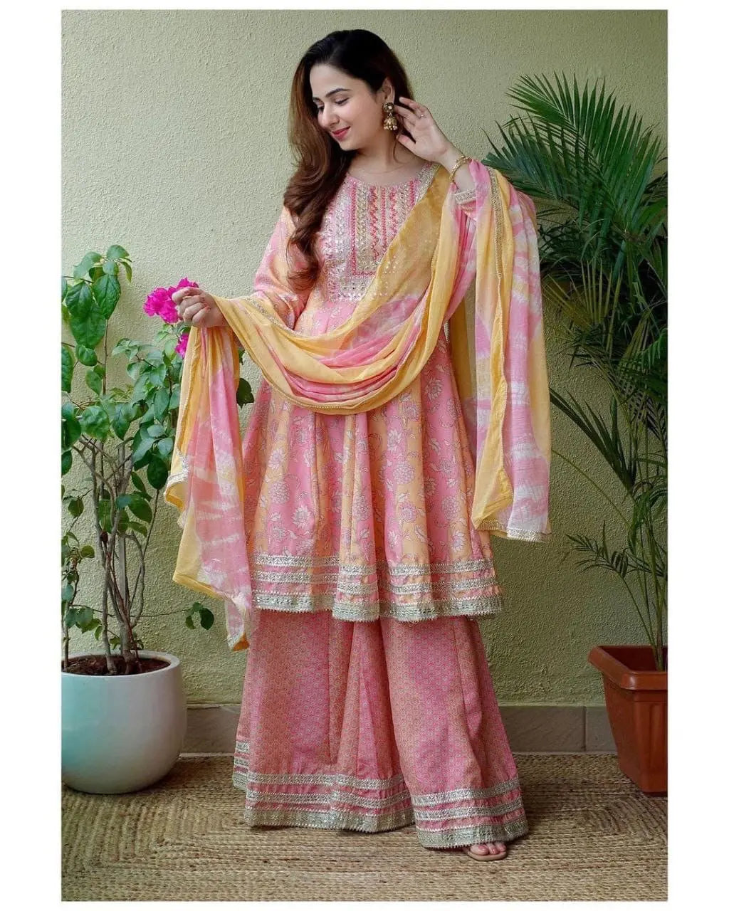 Beautiful Digital print with Embroidery lace work Anarkali Kurti with Sharara Dupatta Set ( Stitched) - Premium  from Ethenika.com - Just INR 2590! Shop now at Ethenika.com 