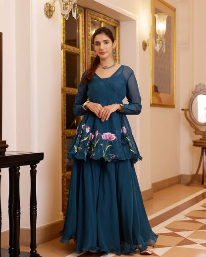 Kaasni Handpainted Organza Sharara Set