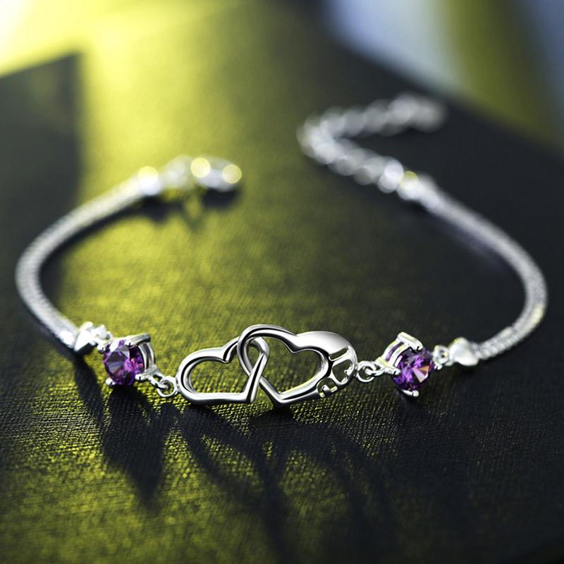 Double Heart Purple CZ Charm Bracelet