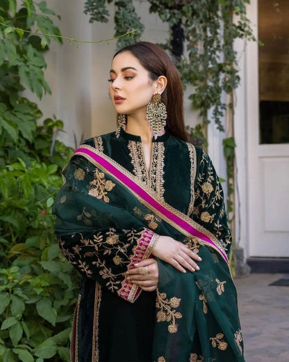 Thread Embroided winter Velvet Kurti Pant Dupatta Set (Stitched) - Premium  from Ethenika.com - Just INR 2490! Shop now at Ethenika.com 