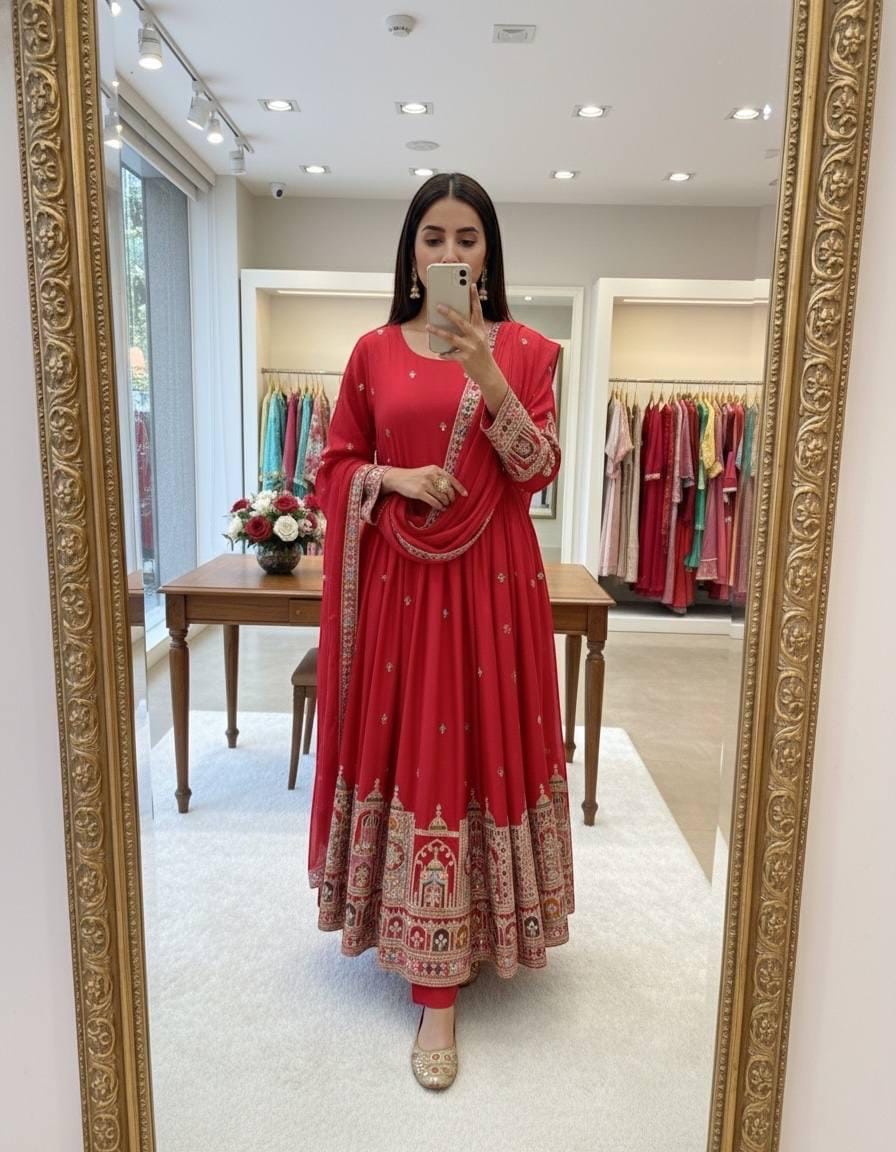 Chinon Silk Embroidery Work Gown Dupatta Pant Set