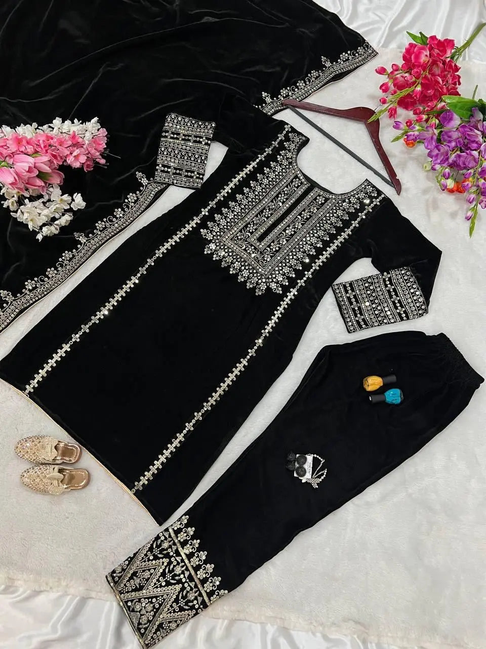 Ethenika Thread Embroidery work Party Wear Velvet Kurti Pant Dupatta Set (Ready to wear) - Premium  from Ethenika.com  - Just INR 3290! Shop now at Ethenika.com 