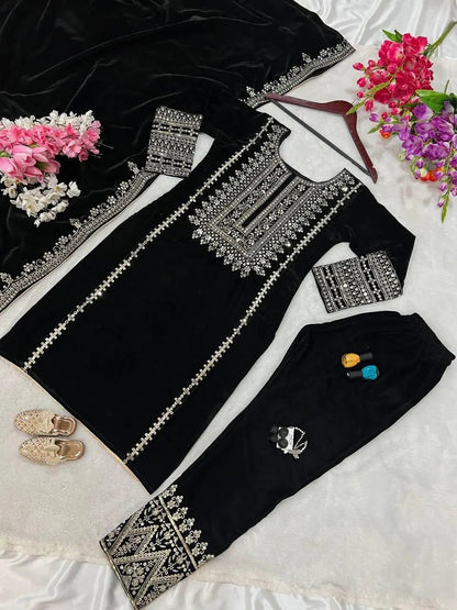 Ethenika Thread Embroidery work Party Wear Velvet Kurti Pant Dupatta Set (Ready to wear) - Premium  from Ethenika.com  - Just INR 3290! Shop now at Ethenika.com 