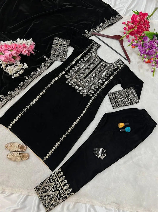 Ethenika Thread Embroidery work Party Wear Velvet Kurti Pant Dupatta Set (Ready to wear) - Premium  from Ethenika.com  - Just INR 3290! Shop now at Ethenika.com 