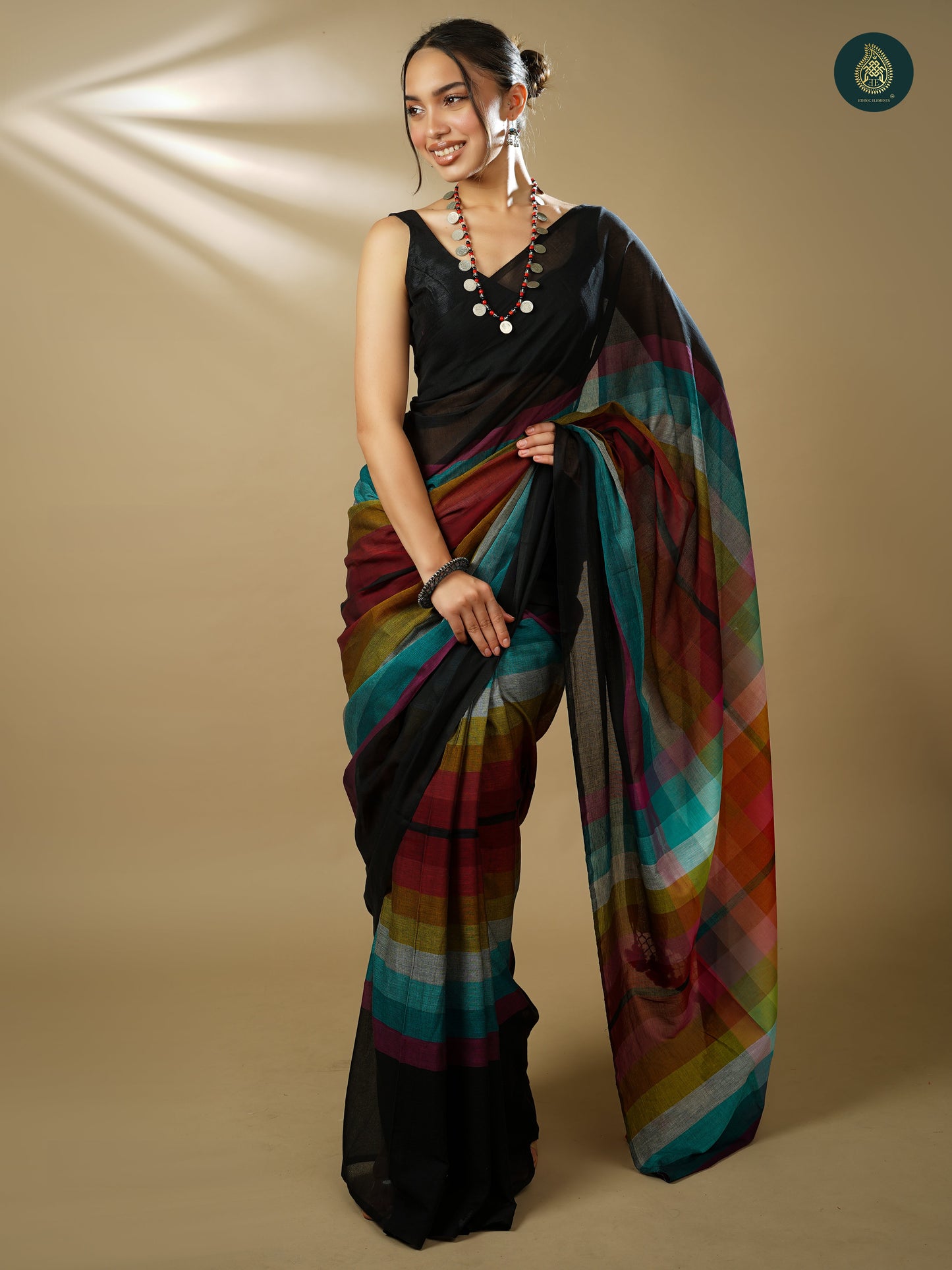 Woven Handloom Cotton Saree Rainbow Series - Black Magic