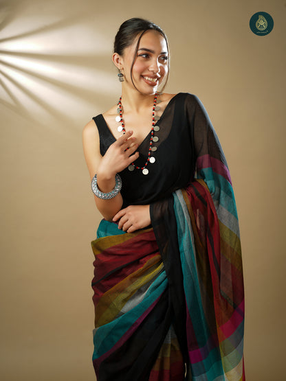 Woven Handloom Cotton Saree Rainbow Series - Black Magic