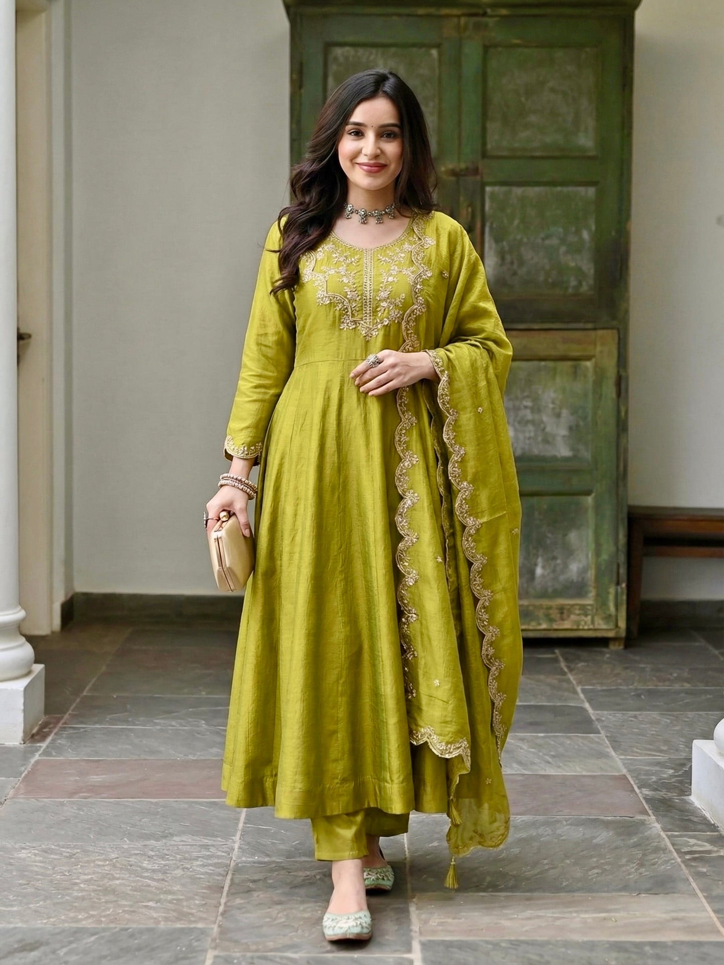 Green Silk Embroidered Anarkali Kurta And Dupatta set