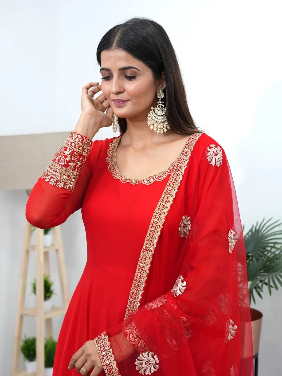 Elegant Red Gown Dupatta set for Karwachauth (Stitched) - Premium  from Ethenika.com - Just INR 2990! Shop now at Ethenika.com 
