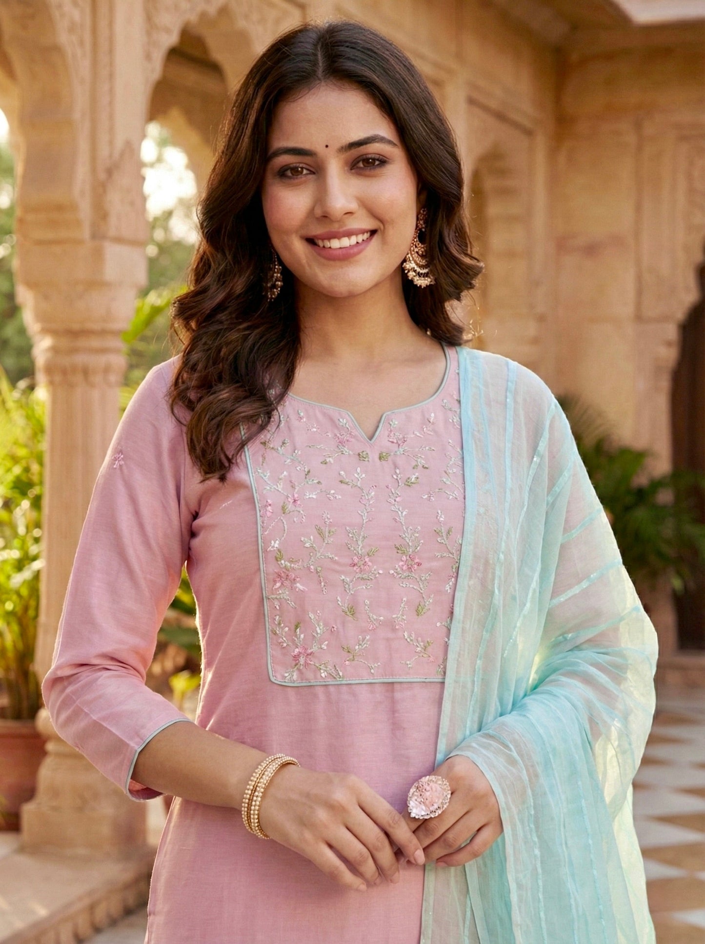 Pink Embroidered Chinon Kurta with Dupatta Set for womens | embroidered kurta set for women | Frontside view