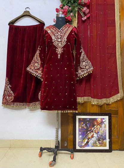 Winter Velvet Embroided Kurti Pant Dupatta Set - Premium  from Ethenika.com - Just INR 2590! Shop now at Ethenika.com 