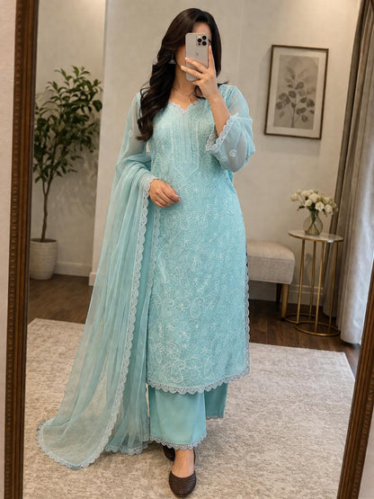 Light Blue Color Chikankari Kurti Palazzo 