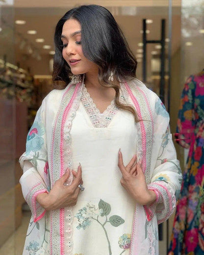 Premium Organza Digital Print work Summer Wear Kurti Pant Dupatta Set (Stitched) - Premium  from Ethenika.com  - Just INR 2990! Shop now at Ethenika.com 