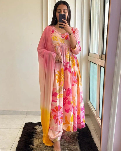 Floral Digital Print Lace embroidery work Afghani Kurti Pant Set - Premium  from Ethenika.com - Just INR 2290! Shop now at Ethenika.com 