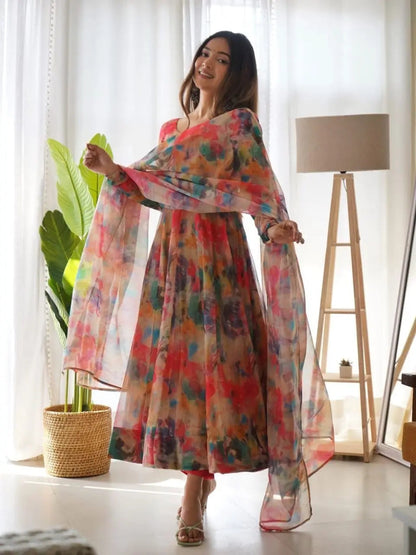 Organza Floral Digital Print Flair Dress Suit - Premium  from Ethenika.com - Just INR 1590! Shop now at Ethenika.com 