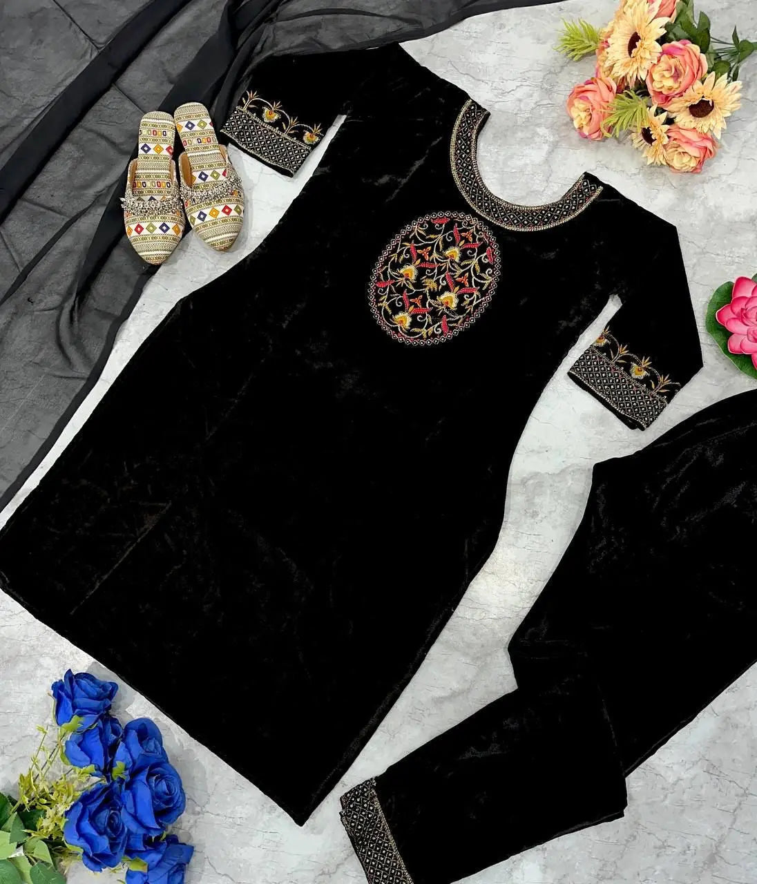 Winter Special Designer Black Velvet Kurti Pant Dupatta Set - Premium  from Ethenika.com  - Just INR 2590! Shop now at Ethenika.com 