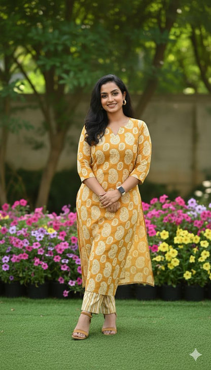 Lemon Yellow Cotton Set For Women & Girls