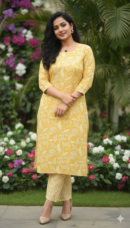 Lemon Yellow Cotton Set For Women & Girls